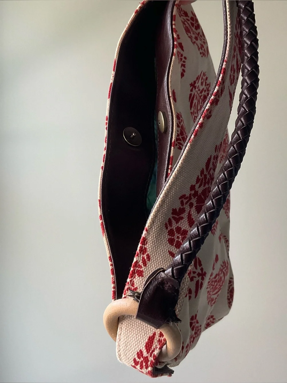 Stephanie Johnson Cream and Red Patterned Canvas Hobo Bag